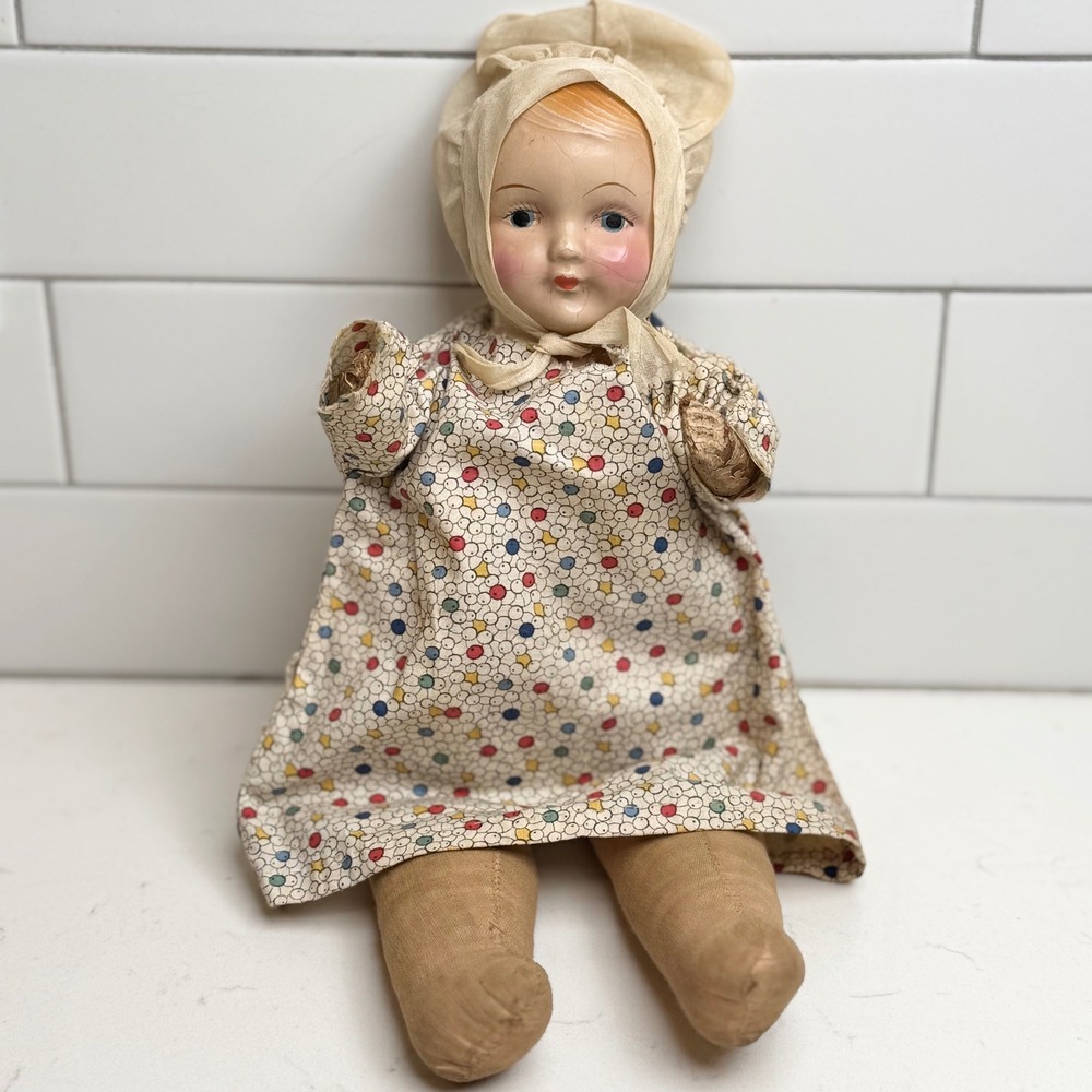Vintage Composition Doll Toddler‎ Bonnet Print Dress Cloth Body 1930's